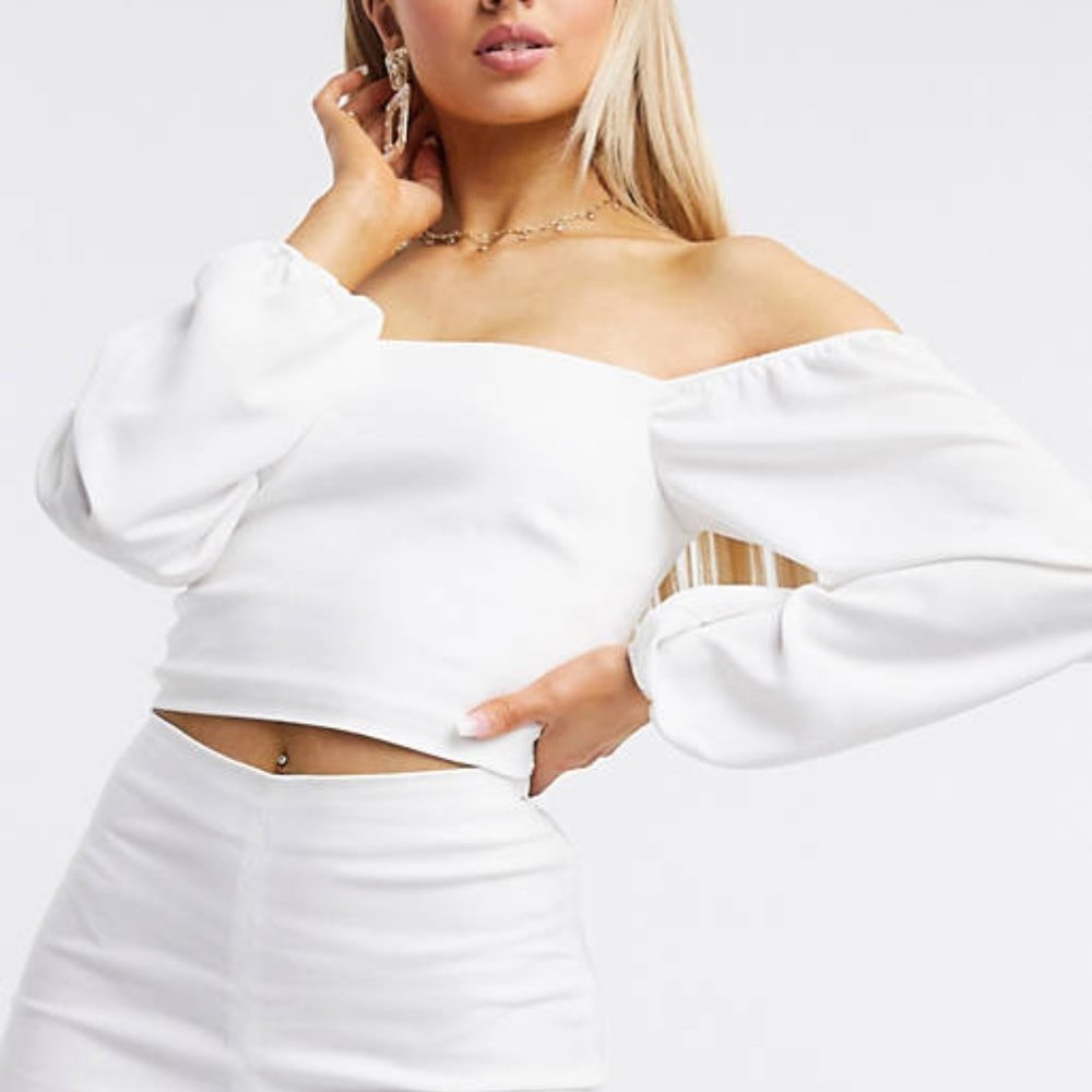 Vesper Bardot Crop Top with Long Fluted Sleeves